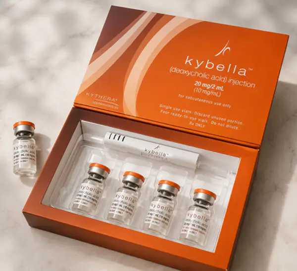 Kybella deoxycholic acid injection kit and vials for double chin treatment at Refresh - Aesthetics & Wellness